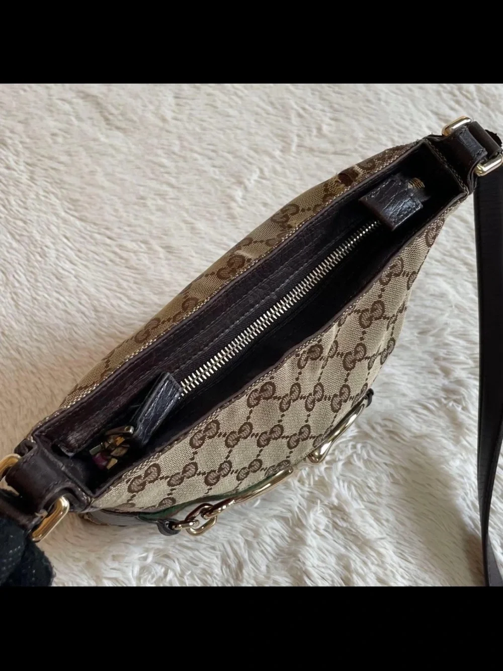 Gucci Brown GG Canvas Crossbody Bag with Red-Green Web and Gold Tone Hardware